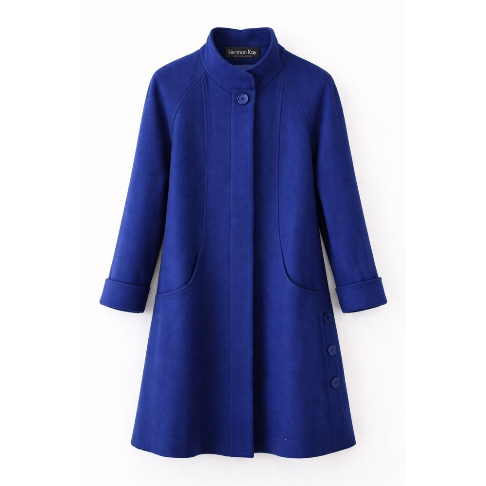 Herman Kay Blue Wool Coat Womens 14 Swing Hidden Button Long Chic